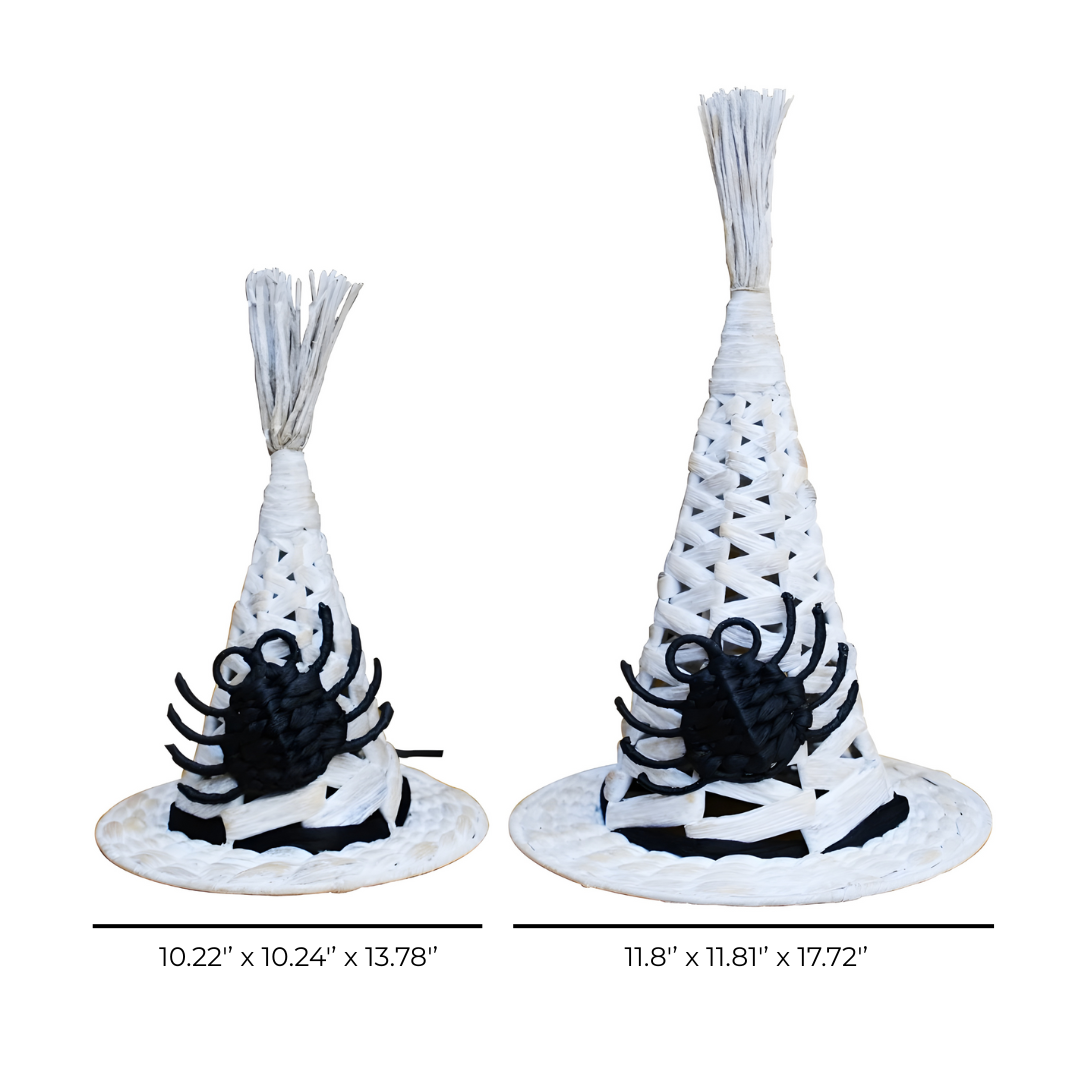 Set Of 2 Handwoven White Witch Hat Decorations With Black Spider Accent – Halloween Tabletop Decor