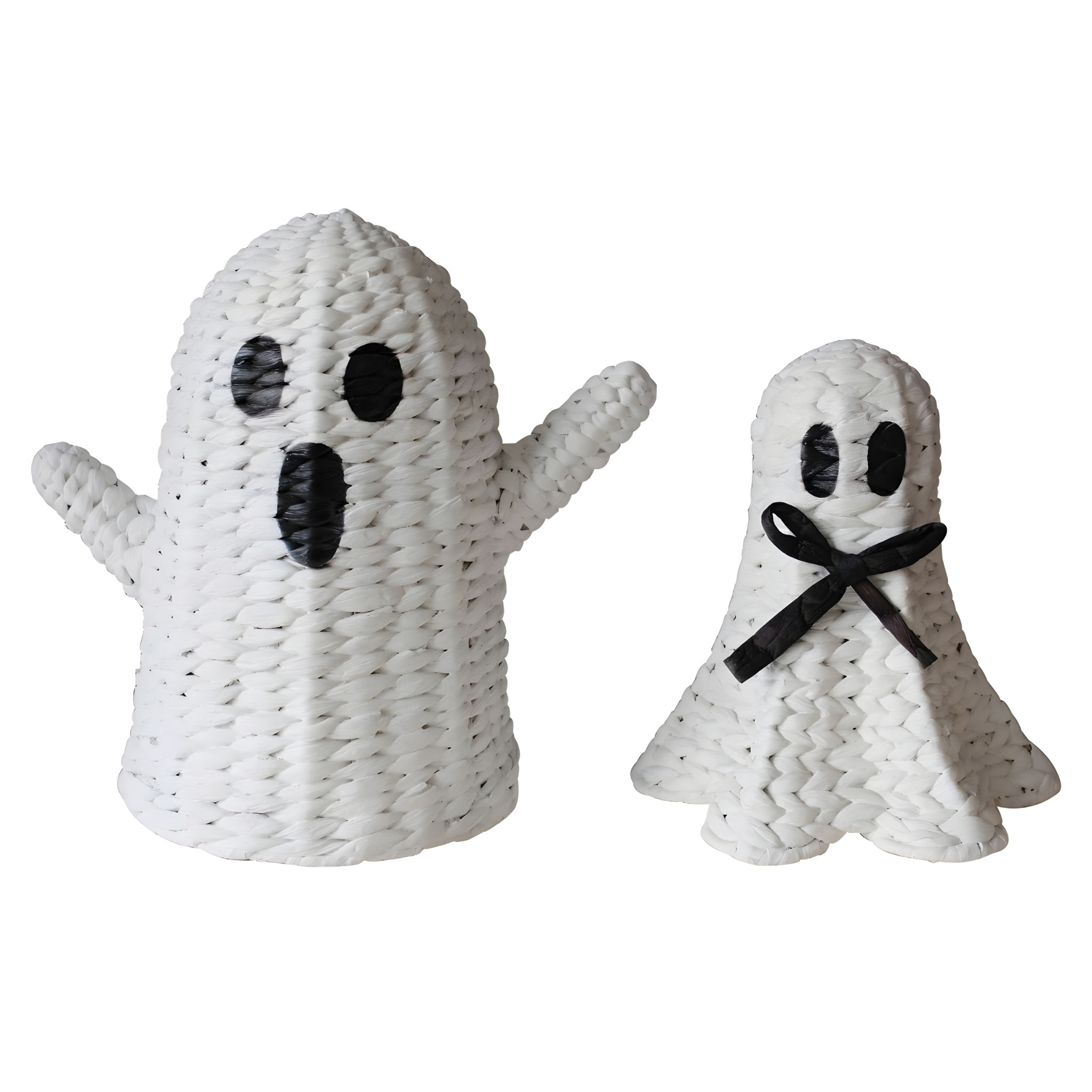 Set Of 2 Handwoven White Ghost Figurines – Halloween Tabletop Decorations With Bow & Raised Arms
