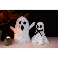 Set Of 2 Handwoven White Ghost Figurines – Halloween Tabletop Decorations With Bow & Raised Arms