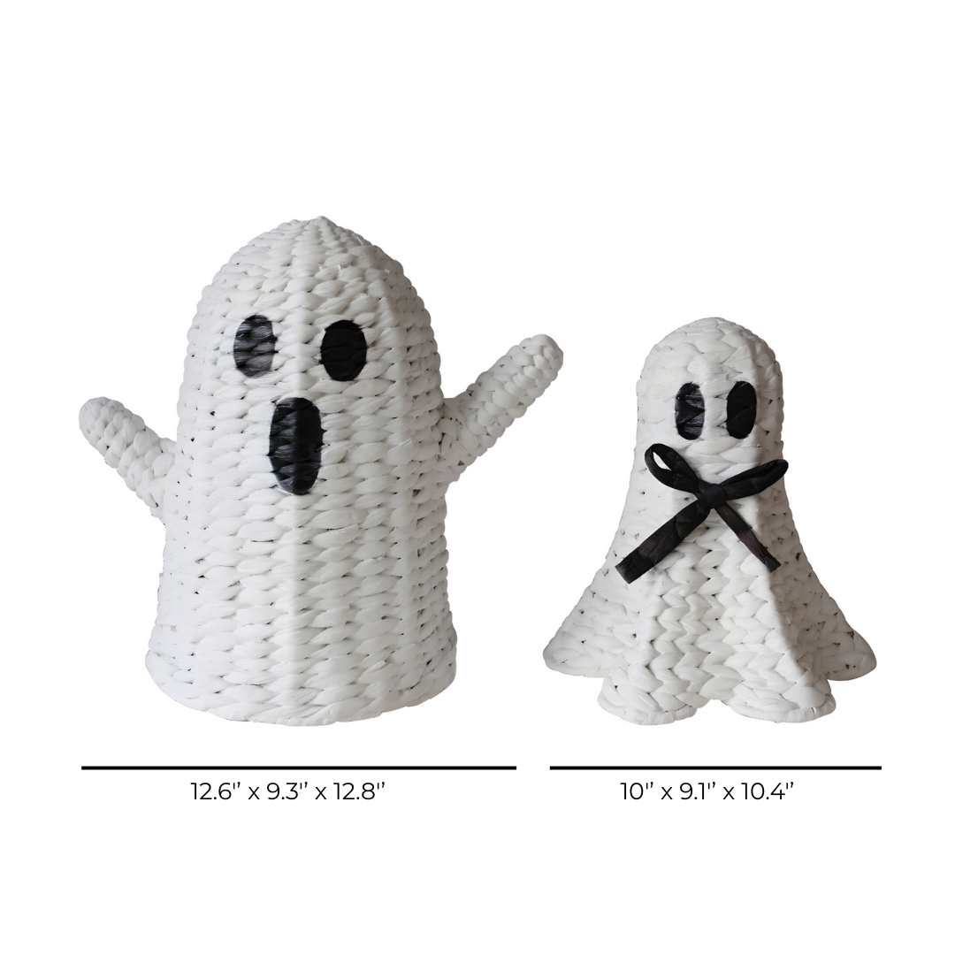 Set Of 2 Handwoven White Ghost Figurines – Halloween Tabletop Decorations With Bow & Raised Arms