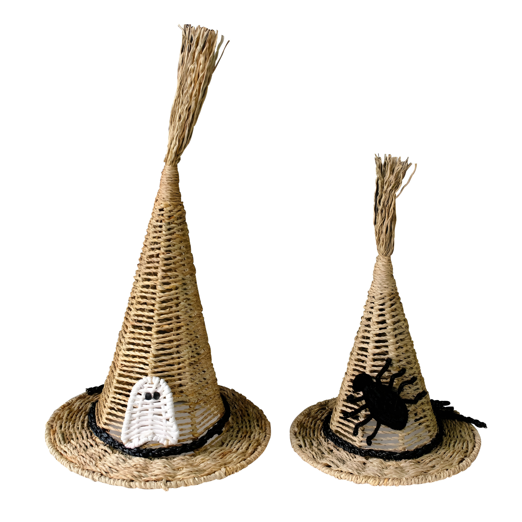Set Of 2 Handwoven Natural Witch Hat Decorations With Ghost And Spider Accents – Halloween Tabletop Décor