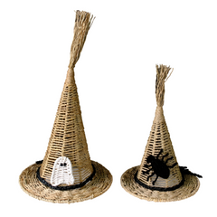 Set Of 2 Handwoven Natural Witch Hat Decorations With Ghost And Spider Accents – Halloween Tabletop Décor
