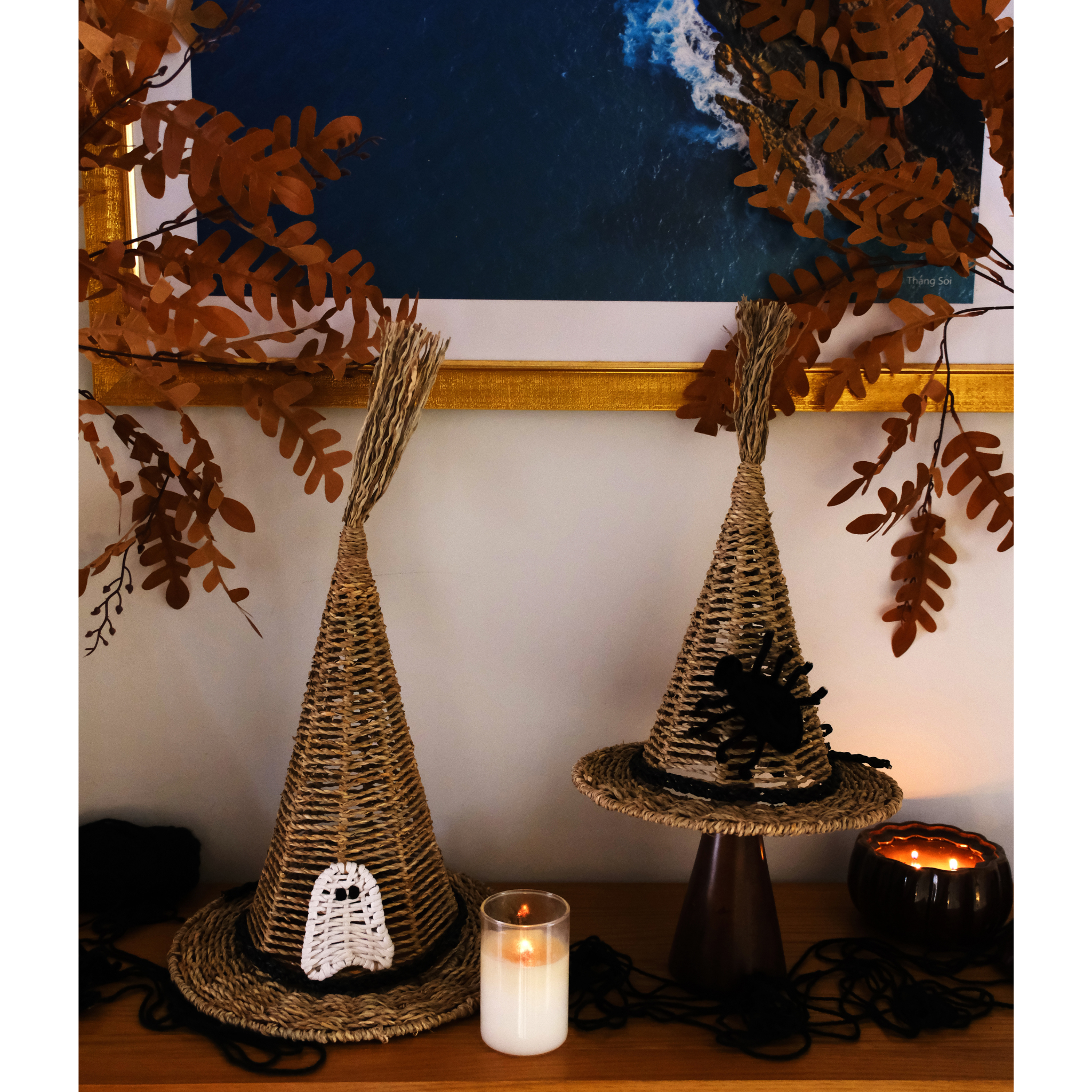 Set Of 2 Handwoven Natural Witch Hat Decorations With Ghost And Spider Accents – Halloween Tabletop Décor