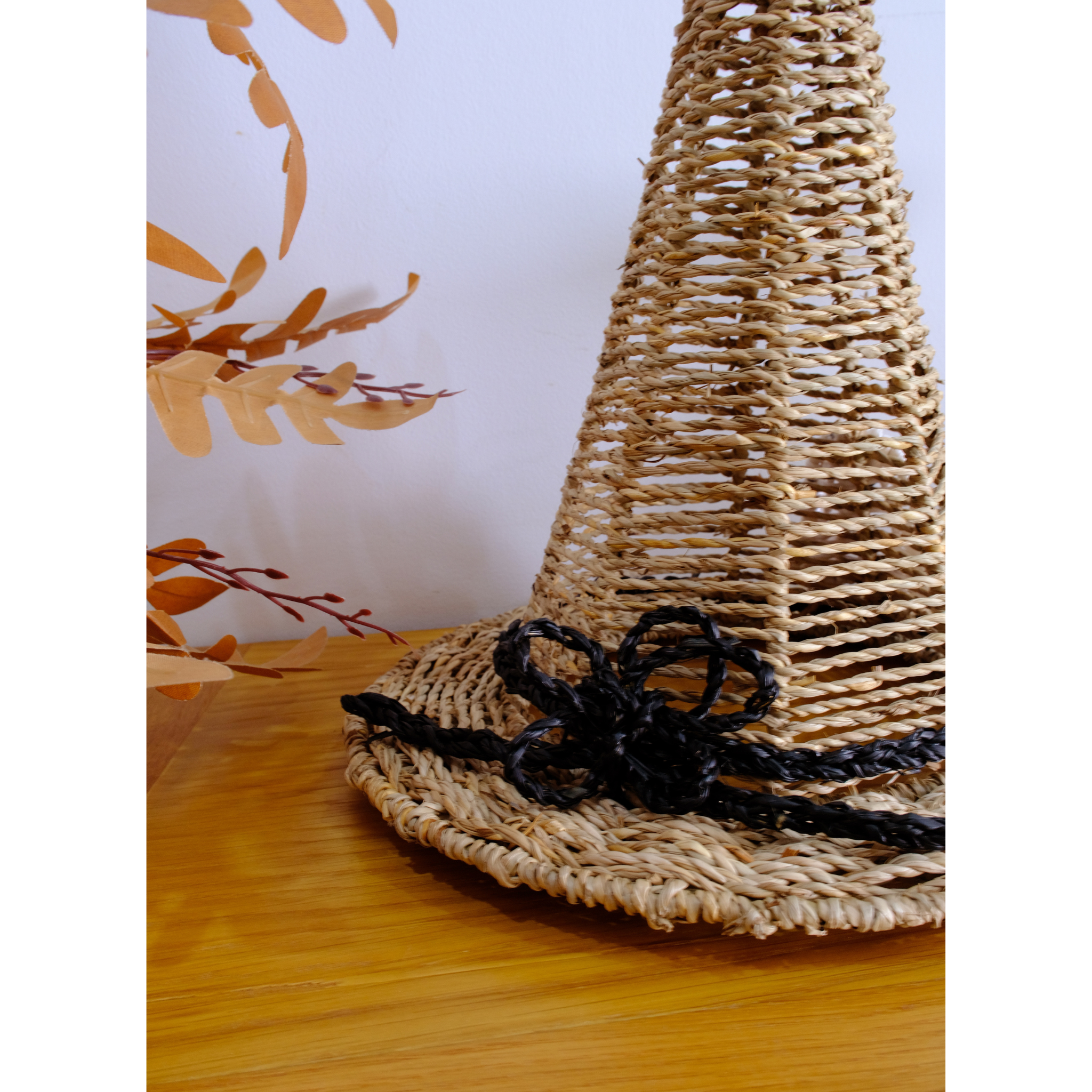 Set Of 2 Handwoven Natural Witch Hat Decorations With Ghost And Spider Accents – Halloween Tabletop Décor