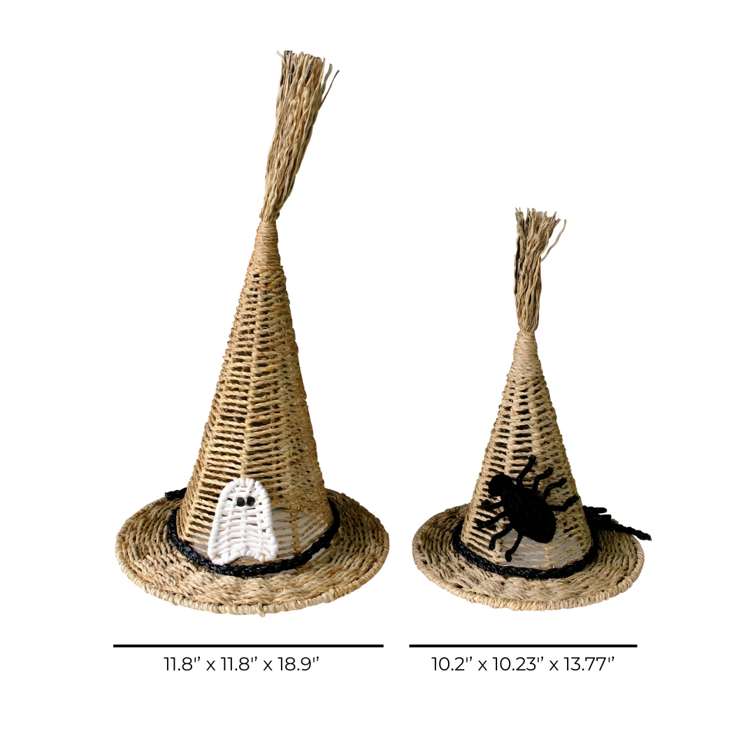 Set Of 2 Handwoven Natural Witch Hat Decorations With Ghost And Spider Accents – Halloween Tabletop Décor