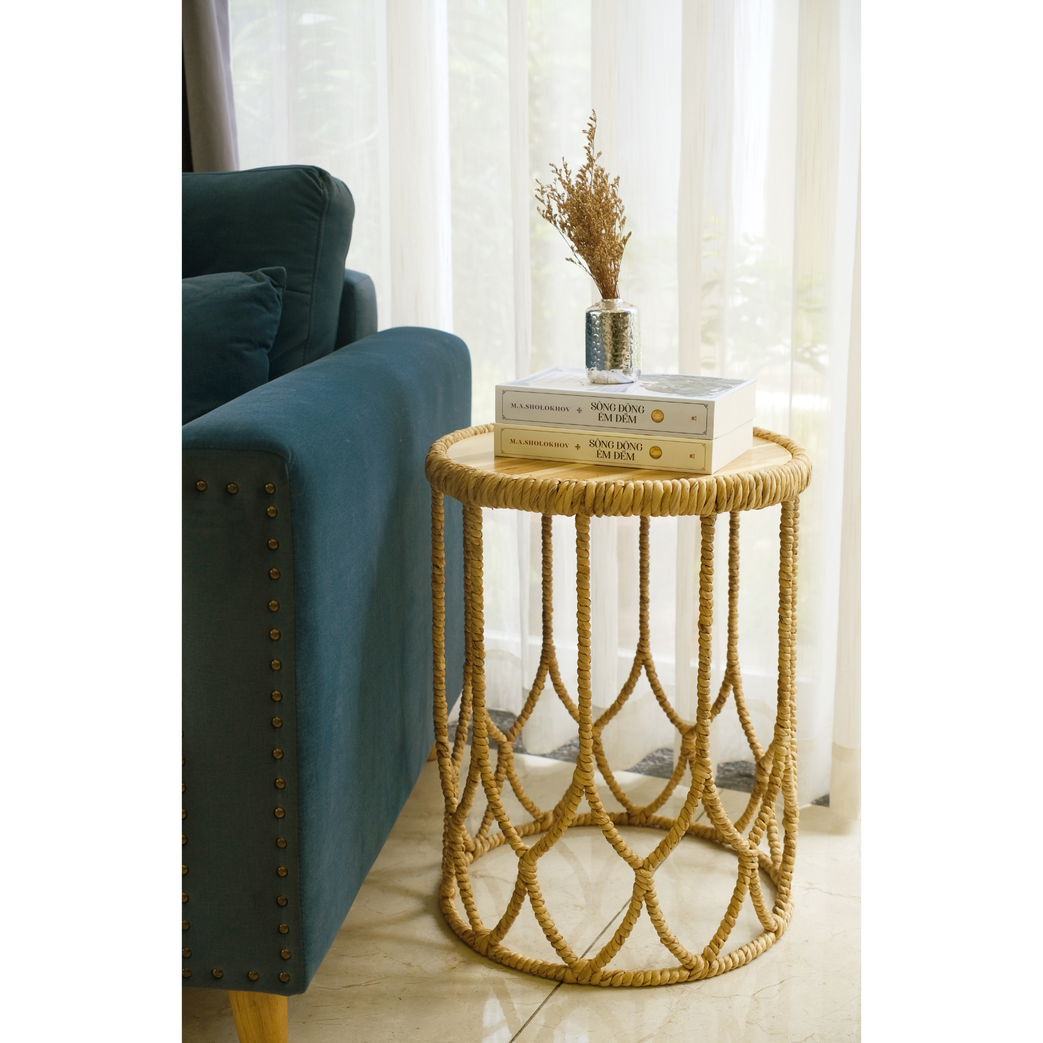 Handwoven Round Side Table With Wood Top – Natural Rattan Accent Table