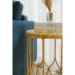 Handwoven Round Side Table With Wood Top – Natural Rattan Accent Table