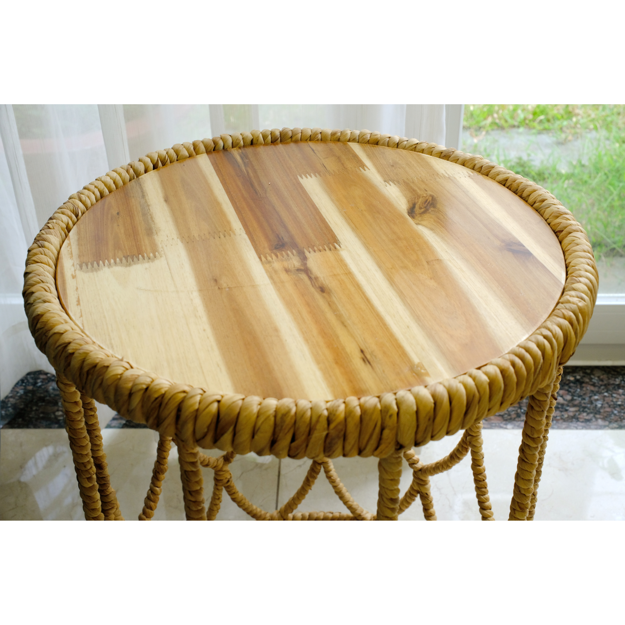 Handwoven Round Side Table With Wood Top – Natural Rattan Accent Table