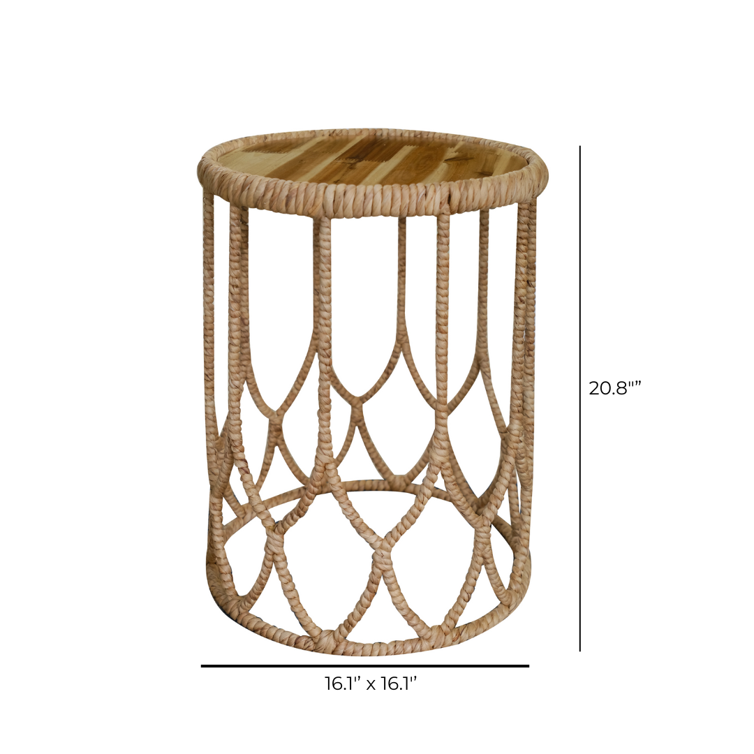 Handwoven Round Side Table With Wood Top – Natural Rattan Accent Table