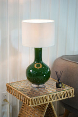 Geometric Woven Water Hyacinth End Table with Tempered Glass Top and Shelf