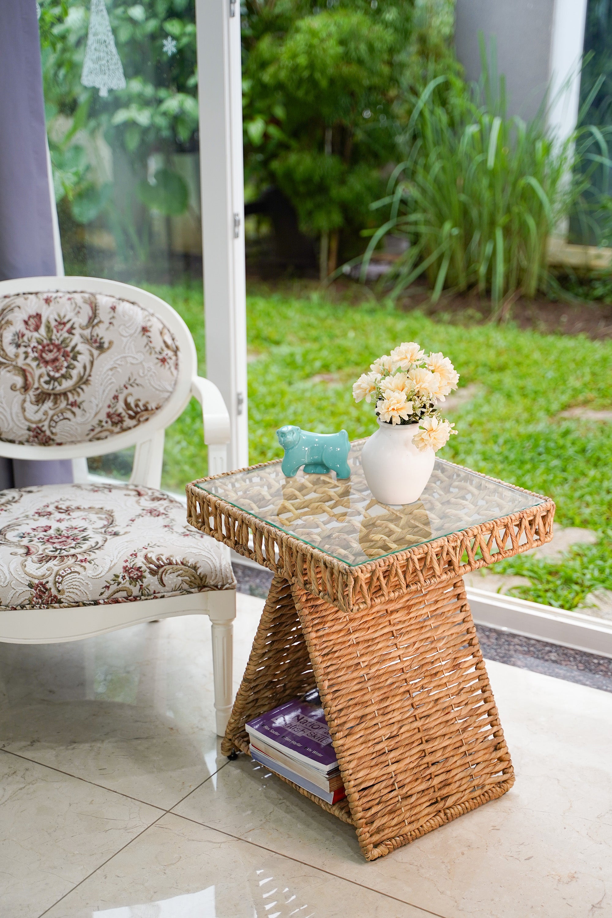 Geometric Woven Water Hyacinth End Table with Tempered Glass Top and Shelf
