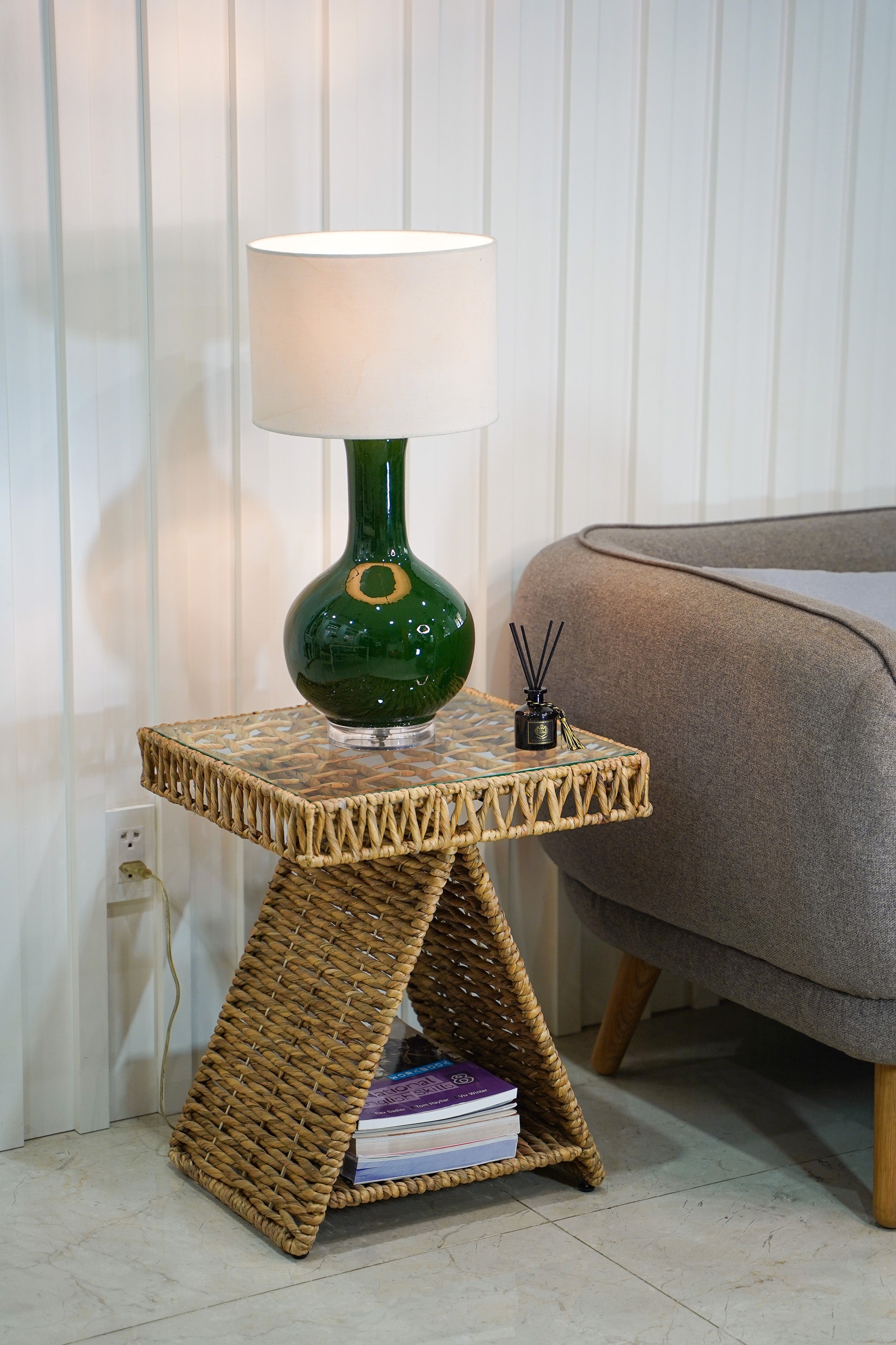 Geometric Woven Water Hyacinth End Table with Tempered Glass Top and Shelf