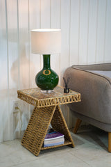 Geometric Woven Water Hyacinth End Table with Tempered Glass Top and Shelf