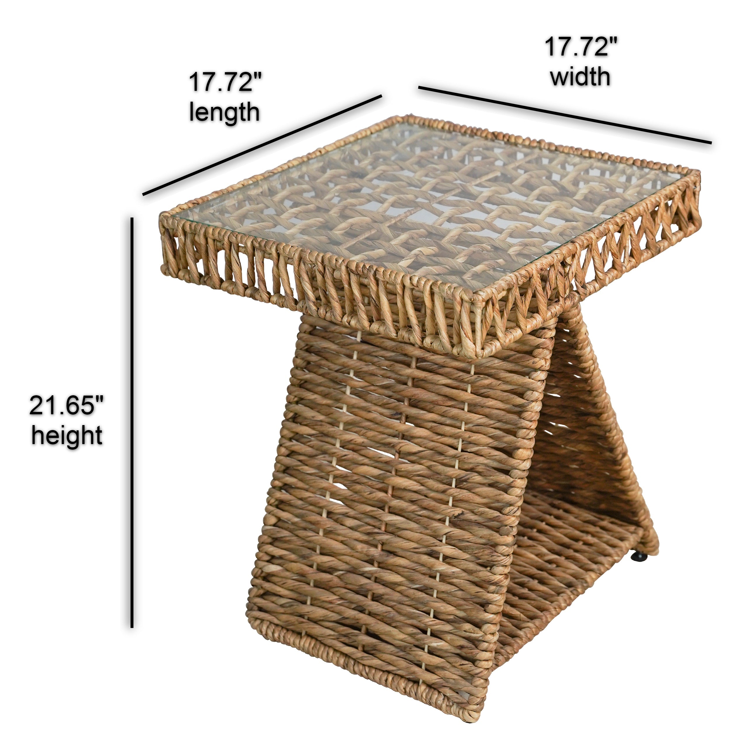 Geometric Woven Water Hyacinth End Table with Tempered Glass Top and Shelf