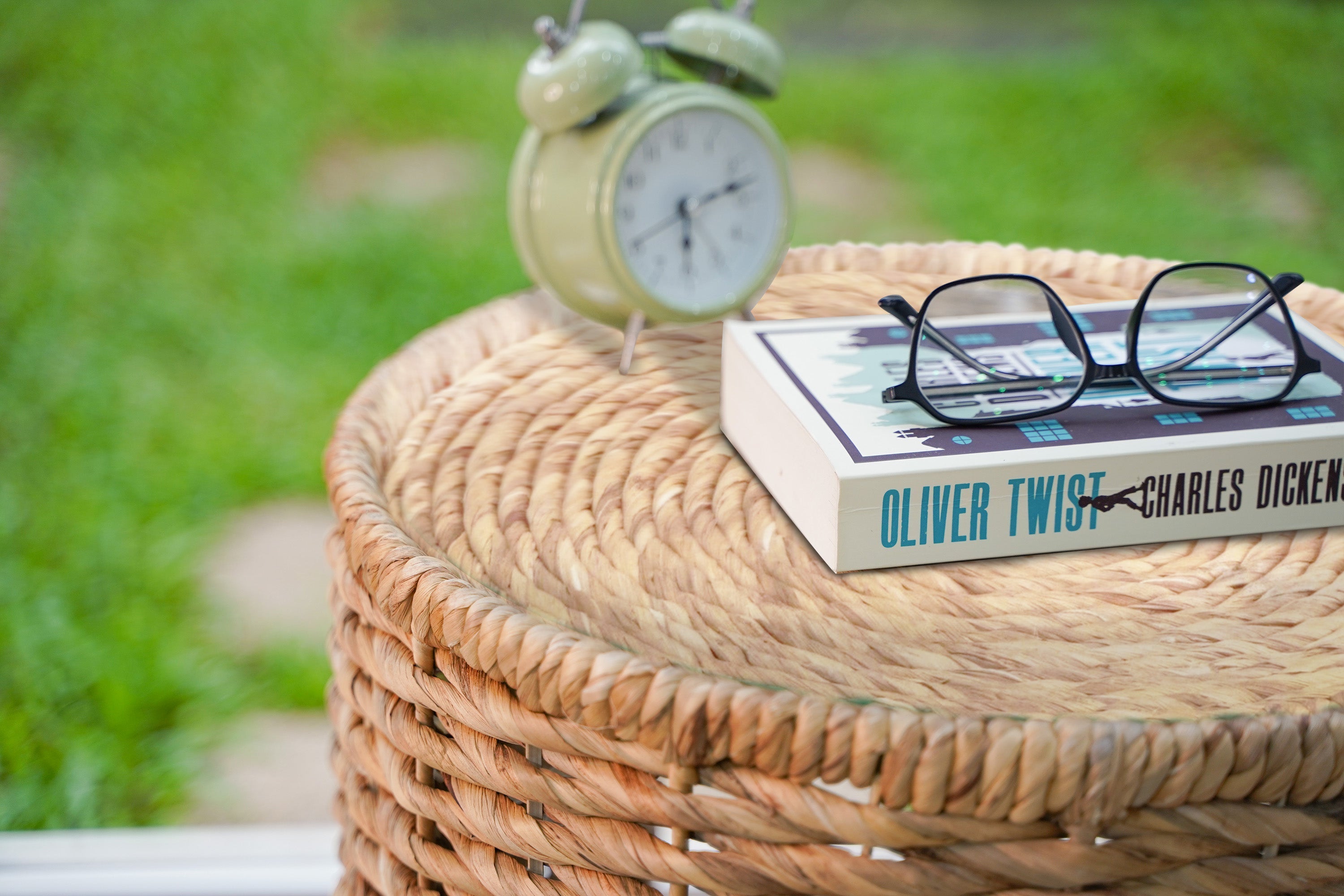 Round Woven Water Hyacinth End Table with Shelf