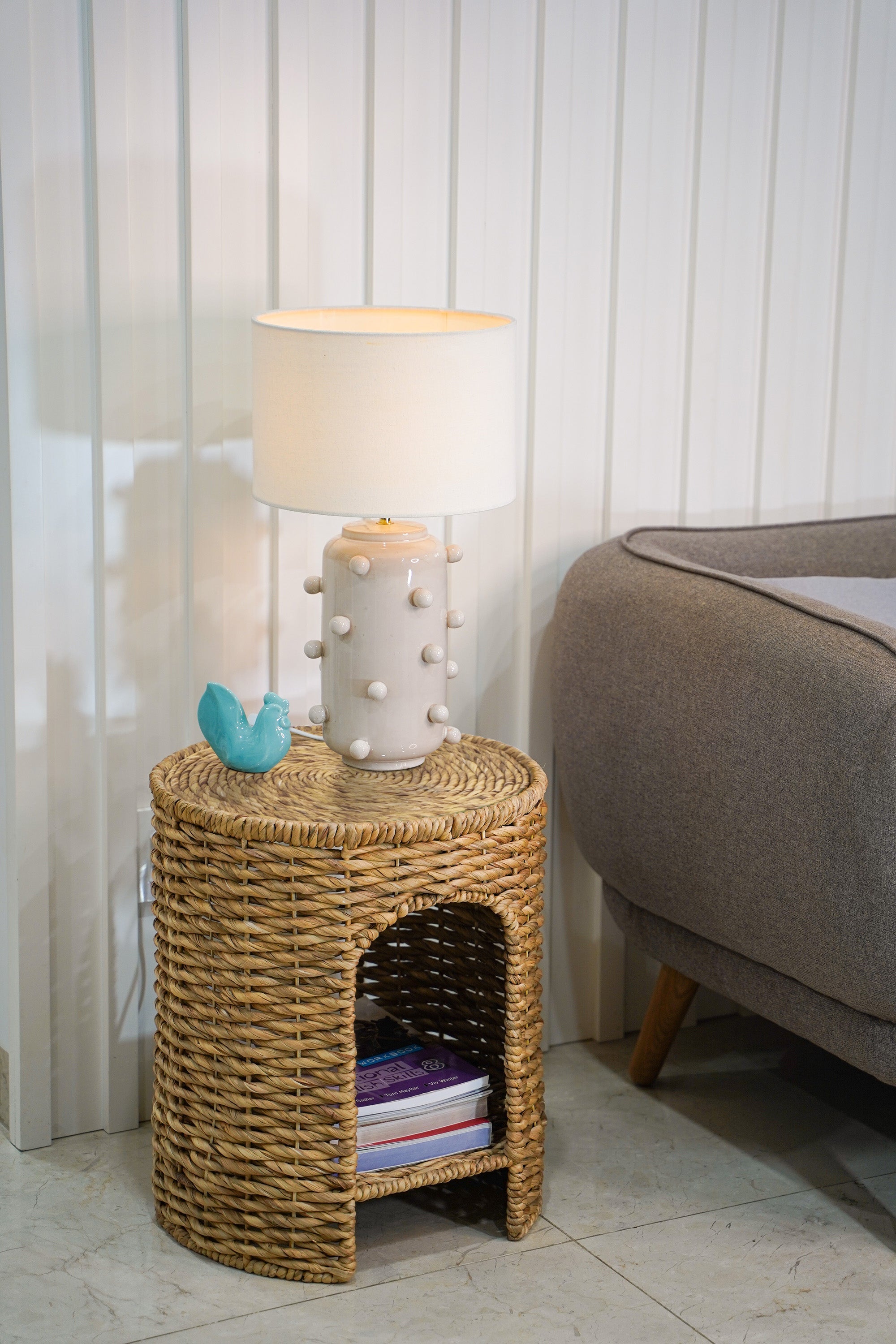 Round Woven Water Hyacinth End Table with Shelf