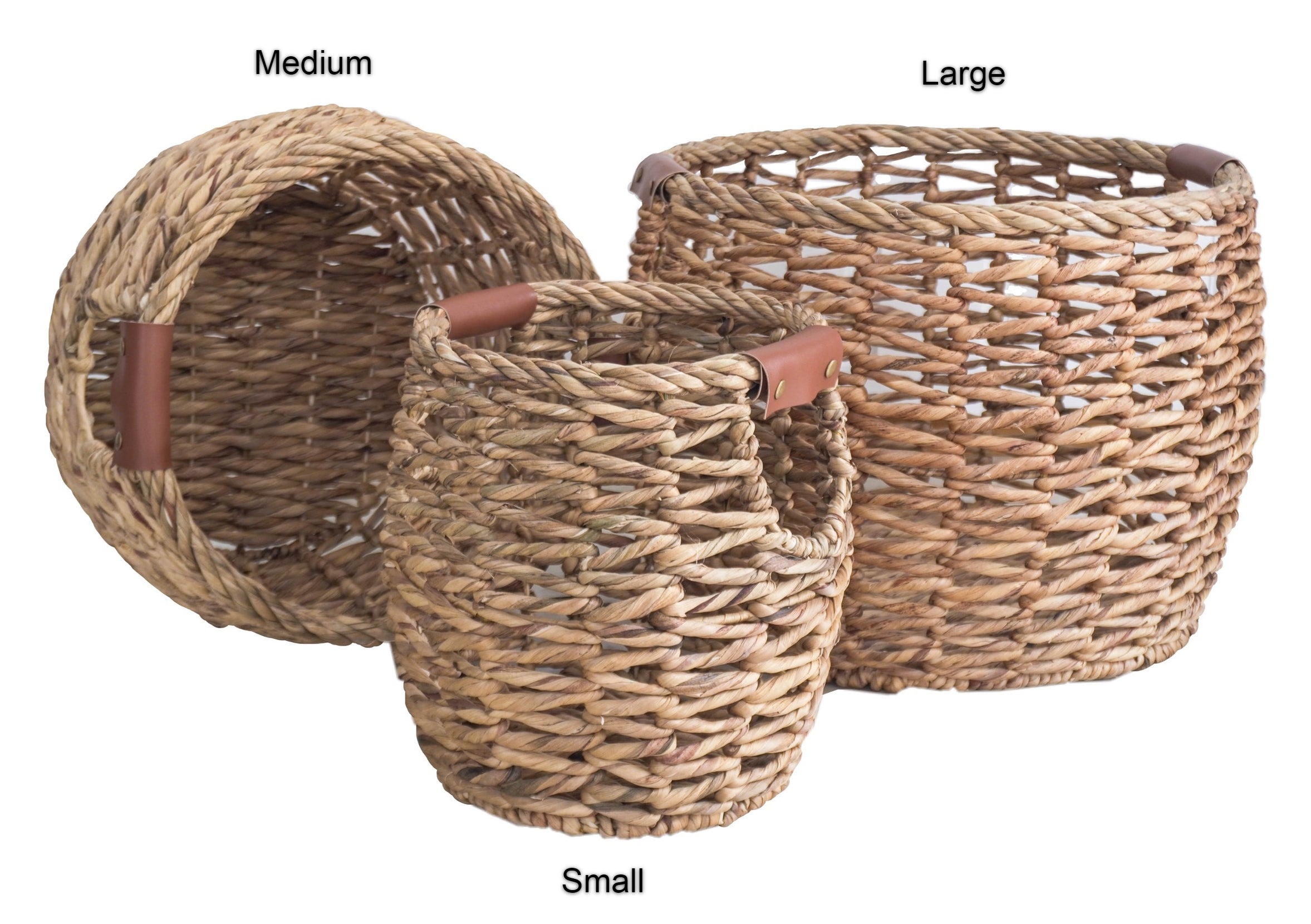Set of 3 Handwoven Round Water Hyacinth Baskets with PU Leather Handles