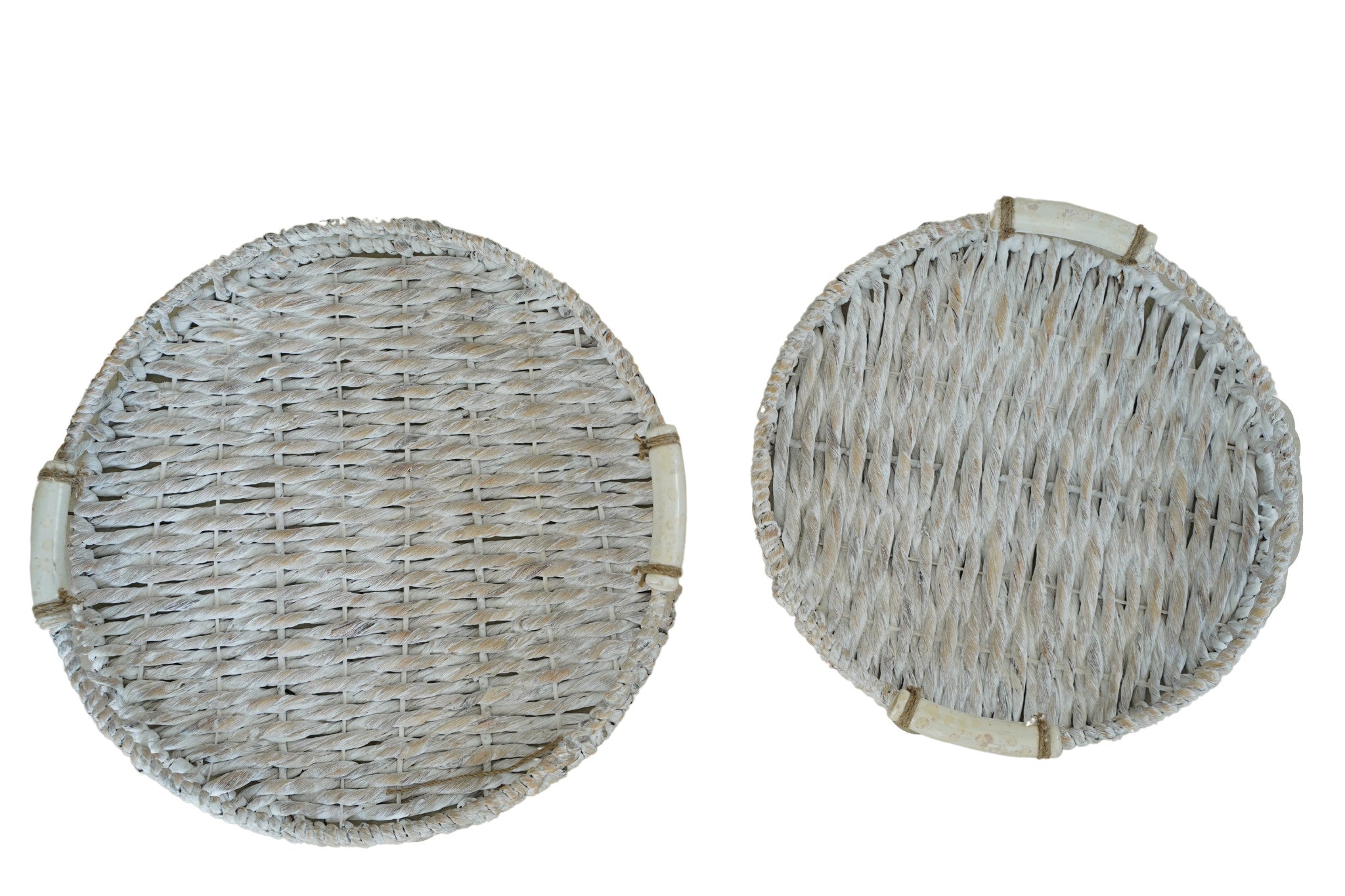 White Woven Water Hyacinth Tray With Ceramic Handles 2 Piece Set