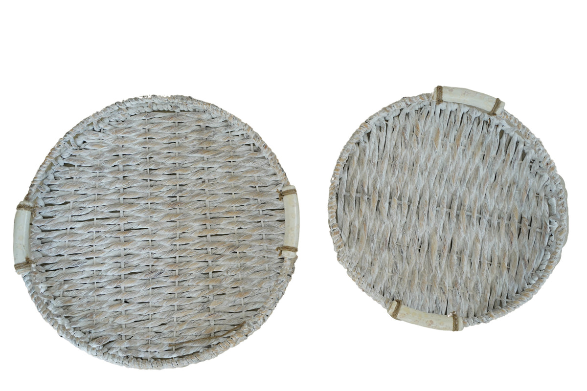 White Woven Water Hyacinth Tray With Ceramic Handles 2 Piece Set