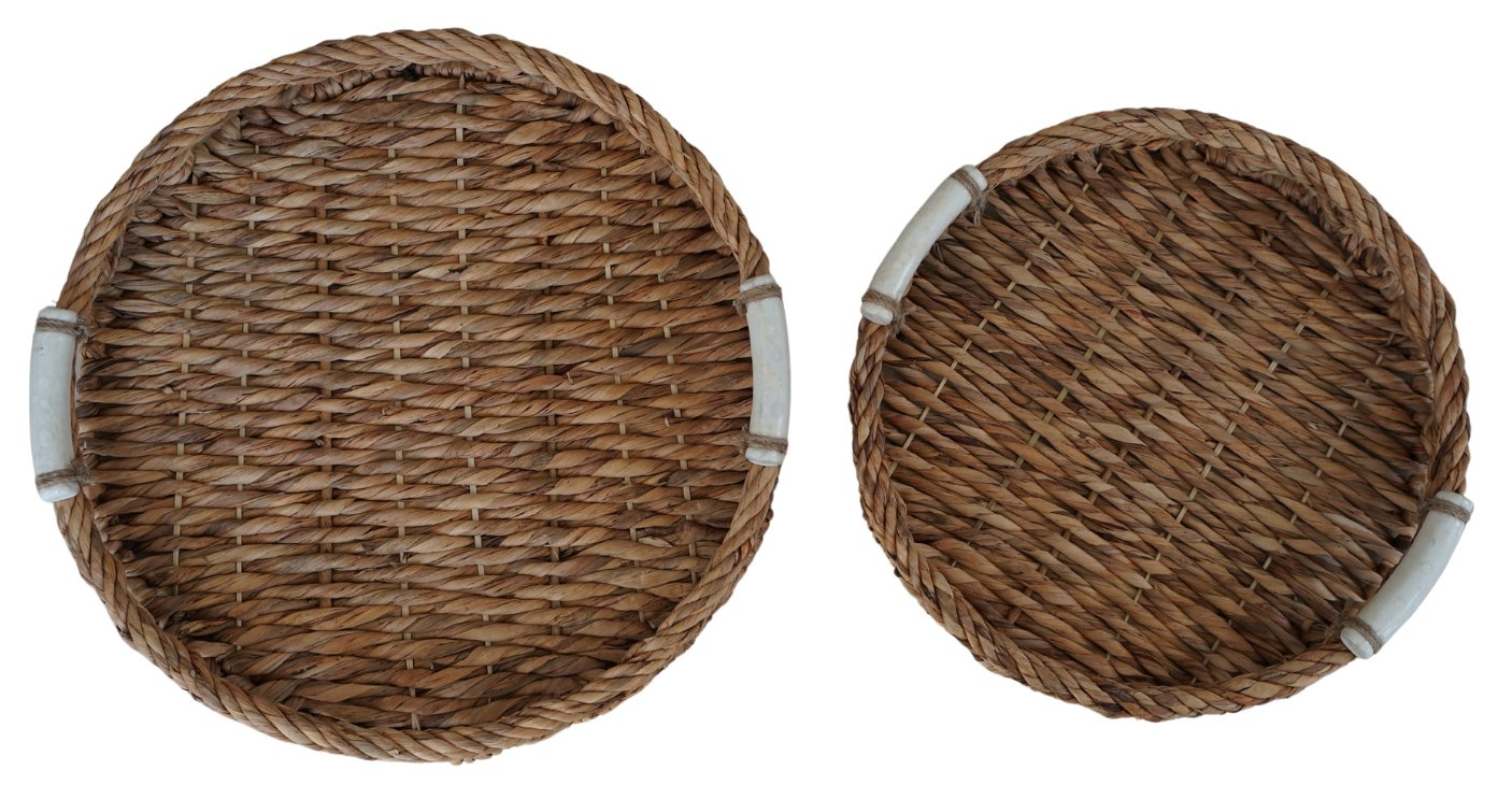 Natural Woven Water Hyacinth Tray With Ceramic Handles 2 Piece Set