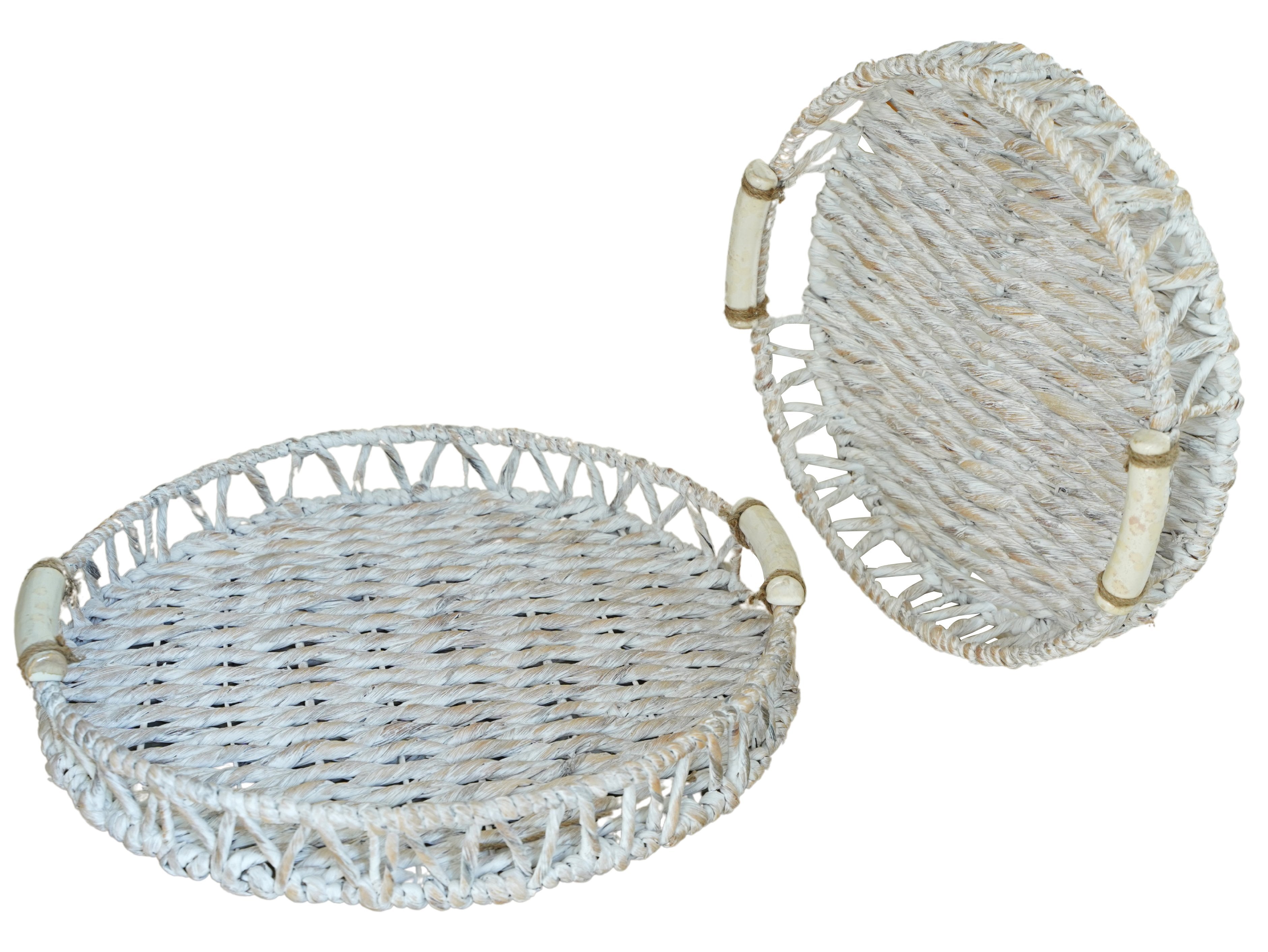 White Woven Water Hyacinth Tray With Ceramic Handles 2 Piece Set