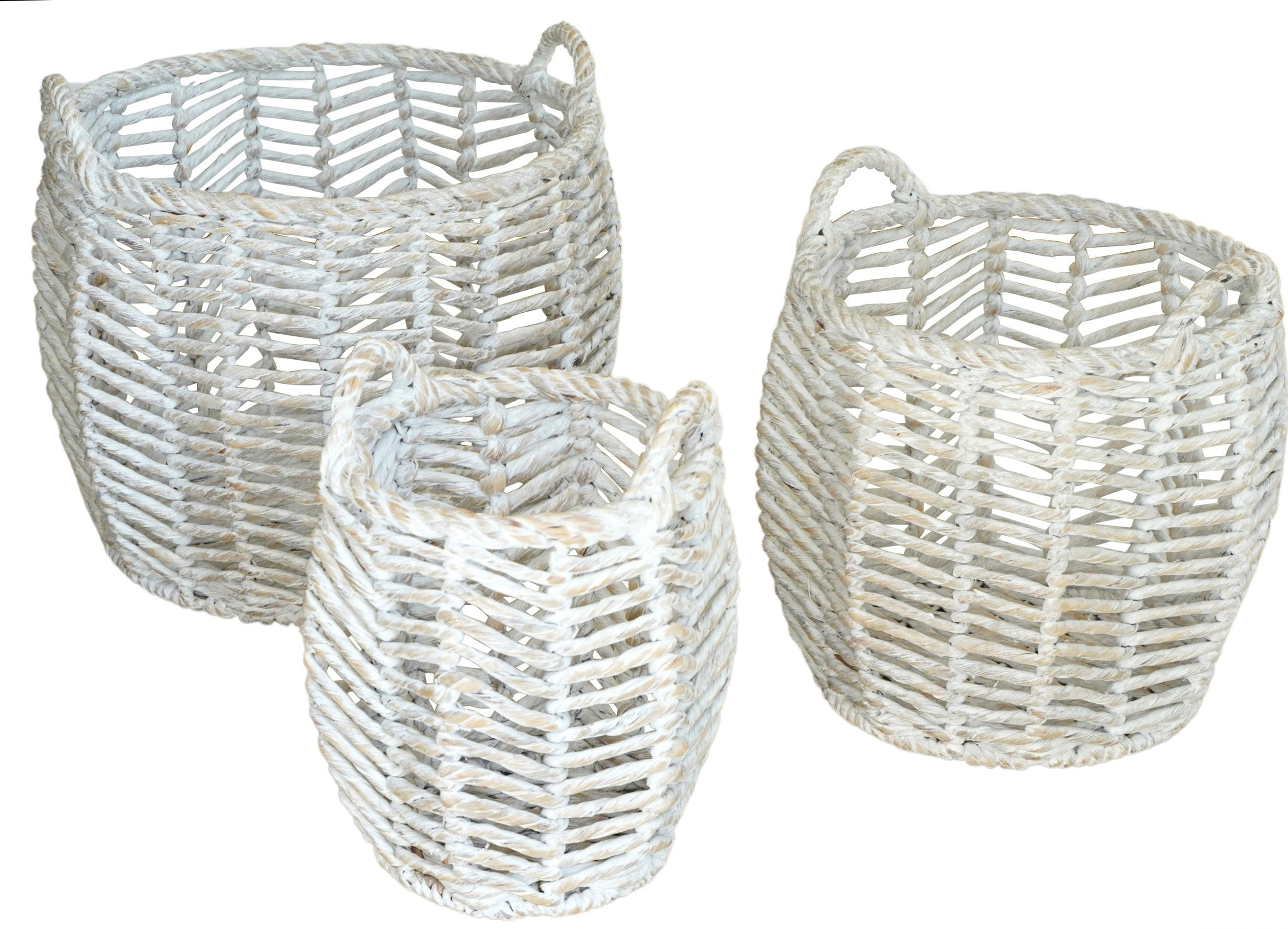 Round Woven Water Hyacinth Baskets 3 Piece Set in White Wash finish