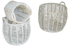 Round Woven Water Hyacinth Baskets 3 Piece Set in White Wash finish