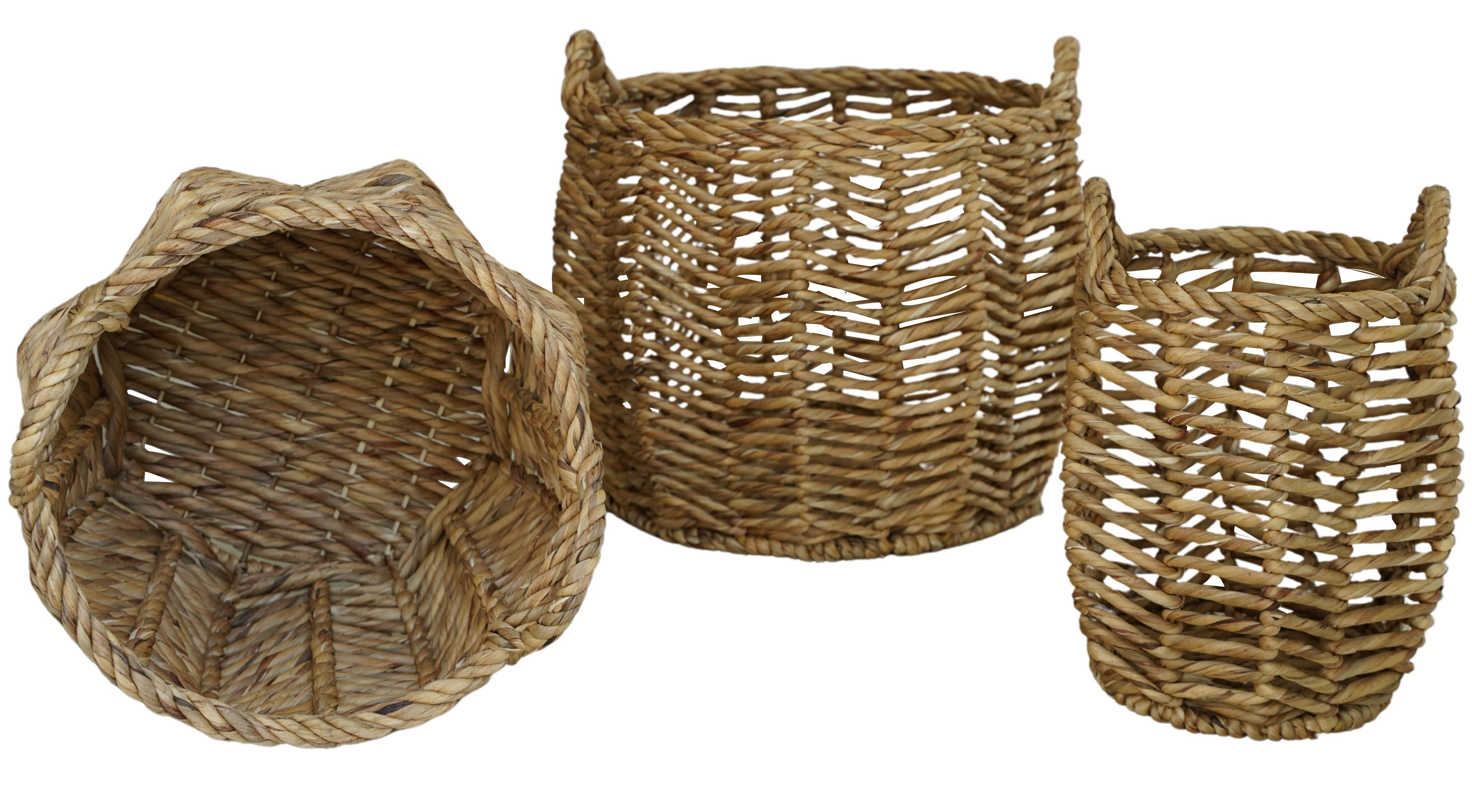 Round Woven Water Hyacinth Baskets 3 Piece Set in Natural Color