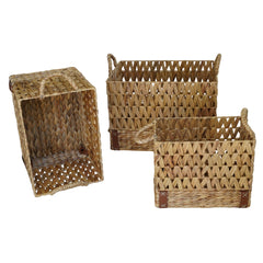 Rectangular Woven Water Hyacinth Baskets with Small PU Leather Design 3 Piece Set