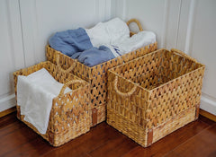 Rectangular Woven Water Hyacinth Baskets with Small PU Leather Design 3 Piece Set