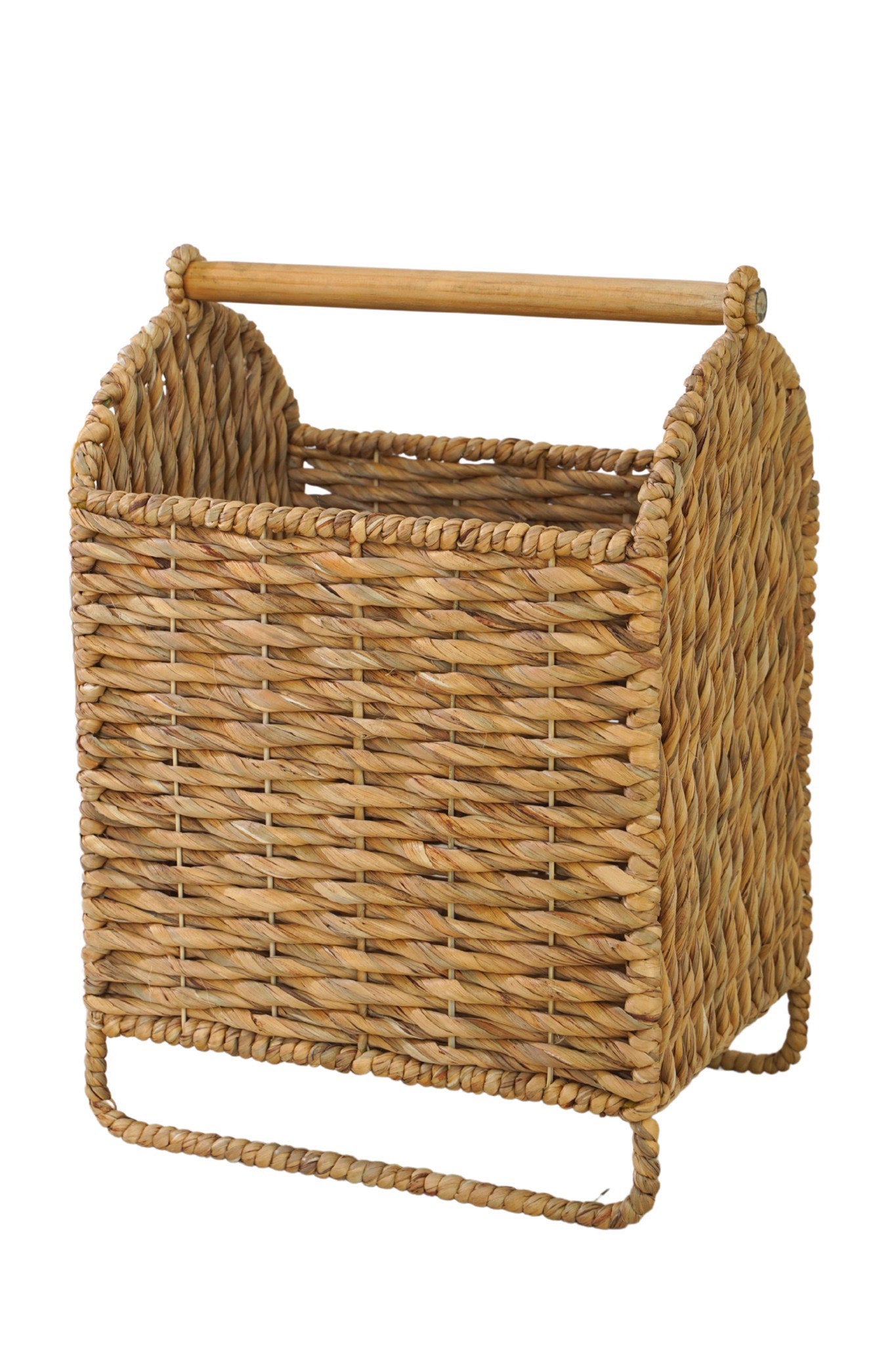 Toilet Paper Woven Water Hyacinth Basket With Wooden Handle in Natural Color