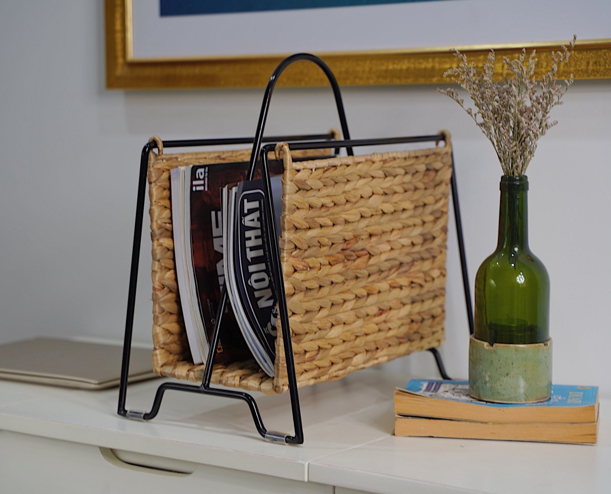 Woven Water Hyacinth Magazine Holder With Black Metal Frame