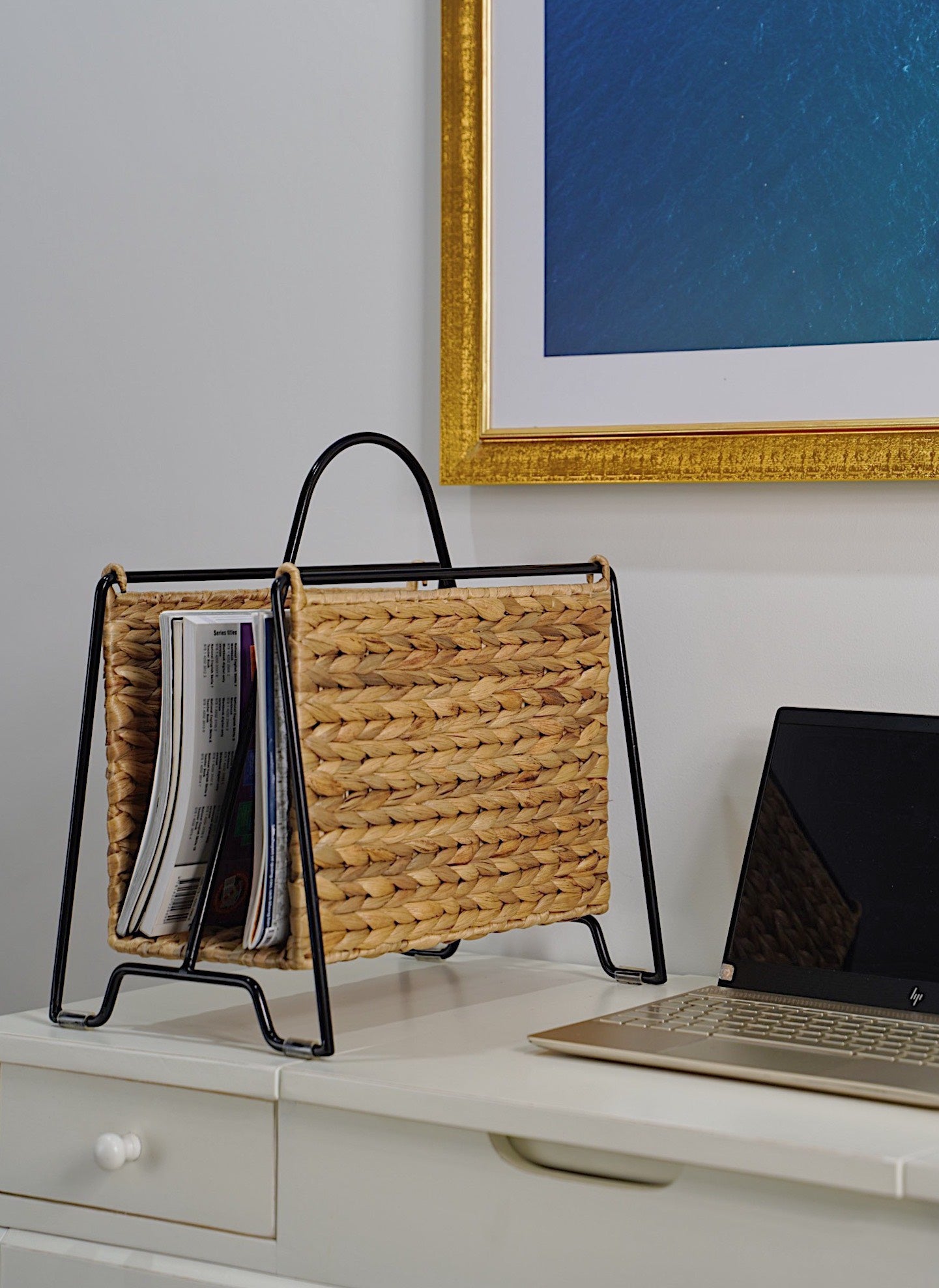 Woven Water Hyacinth Magazine Holder With Black Metal Frame