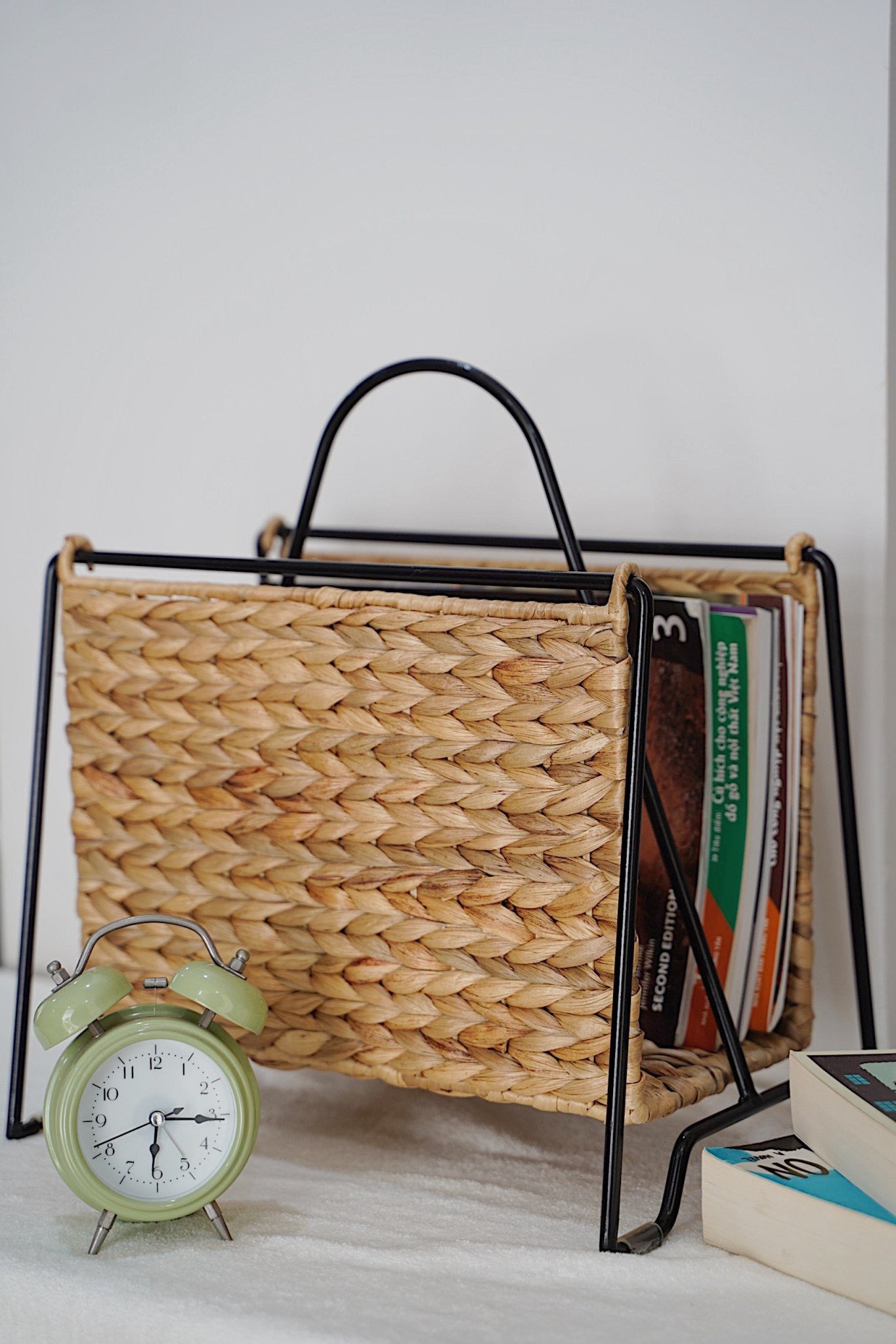 Woven Water Hyacinth Magazine Holder With Black Metal Frame
