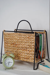 Woven Water Hyacinth Magazine Holder With Black Metal Frame